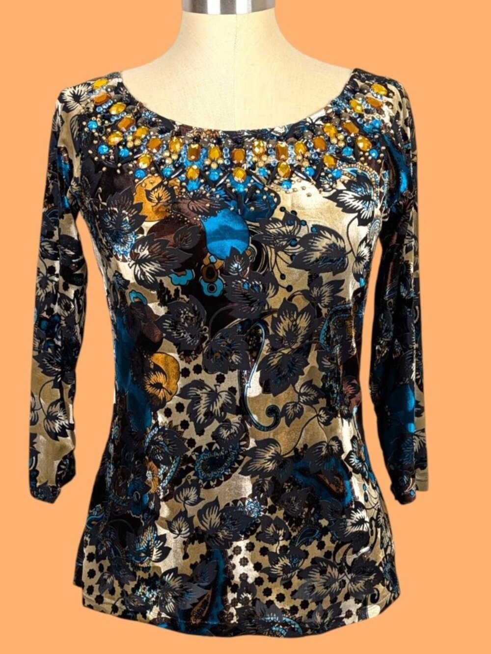 Cache Velvet Burnout Floral and Leaf Print Beaded Top